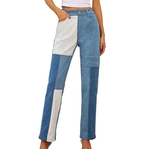 Liumilac patchwork high rise straight leg denim jeans, size S - Picture 1 of 10